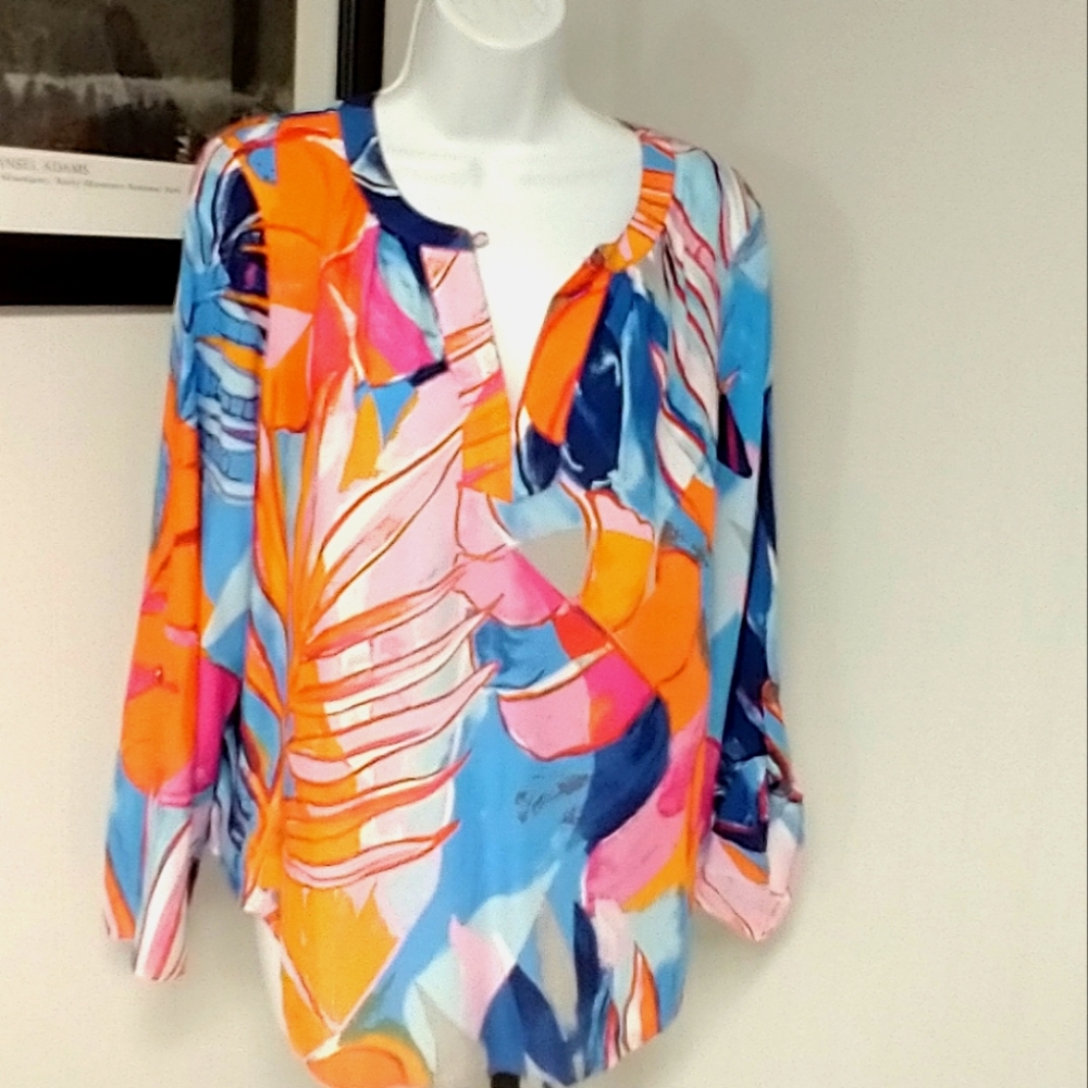 Nic+Zoe Abstract Flowy Viscose Multiple Shades Orange Pink Blue TunicTop Size M